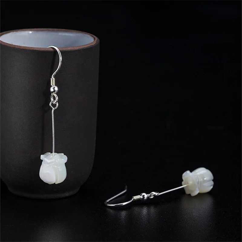 

Uglyless Elegant Lily of the valley Floral Earrings for Women Natural Jade Shell Flowers Dangle Earrings 925 Silver Brincos Gold