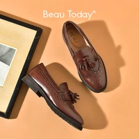 beautoday casual loafers women calf leather brogues shoes wingtip tassel fringe round toe slip on lady flats handmade a21046