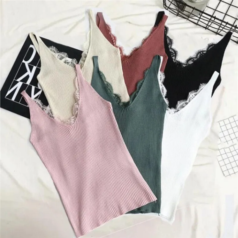 

Women Hook Flower Lace Tank Solid Stitching V-Neck Camis Female Knitted Short Slim Sleeveless Shirt Tank Casual Tops