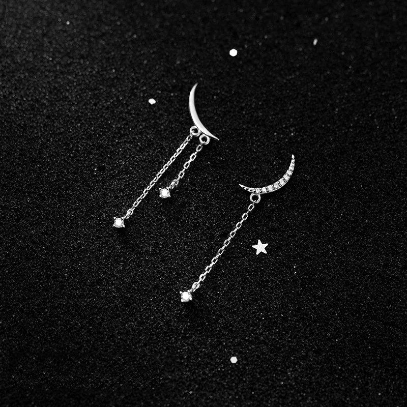 

PONYKISS Trendy 925 Sterling Silver Moon Chain Teassal Zircon Asymmetry Stud Earrings for Women Party Jewelry chic Accessory