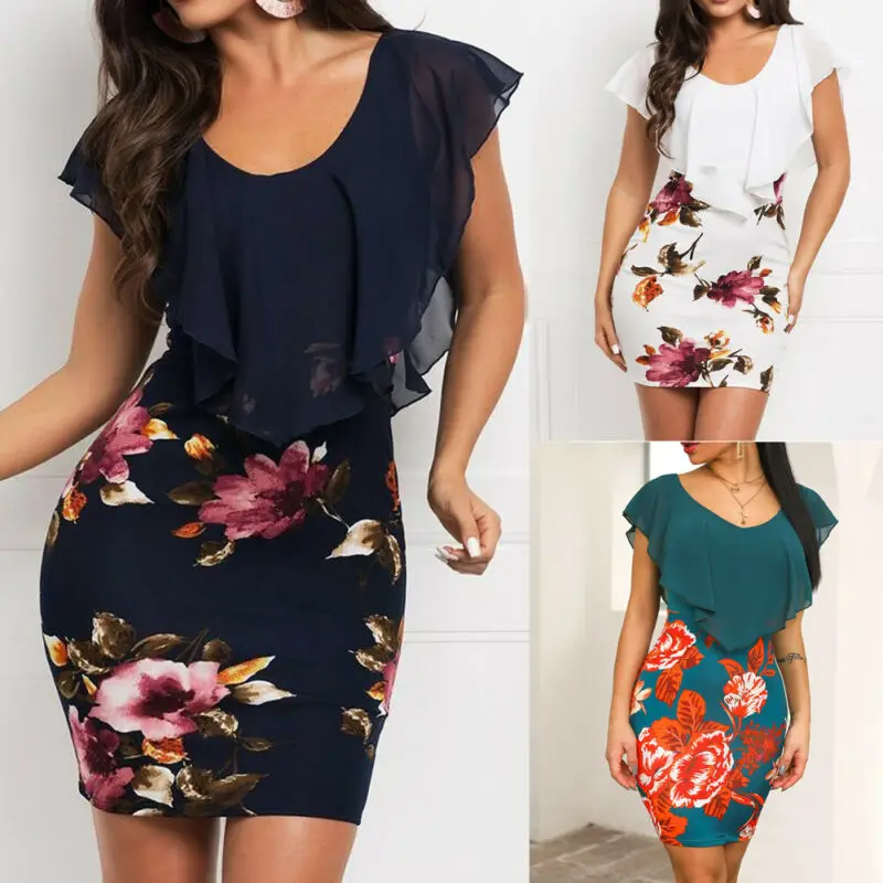 

AU Women Summer Ruffle Sleeve Casual Party Evening Cocktail Short Mini Dress New