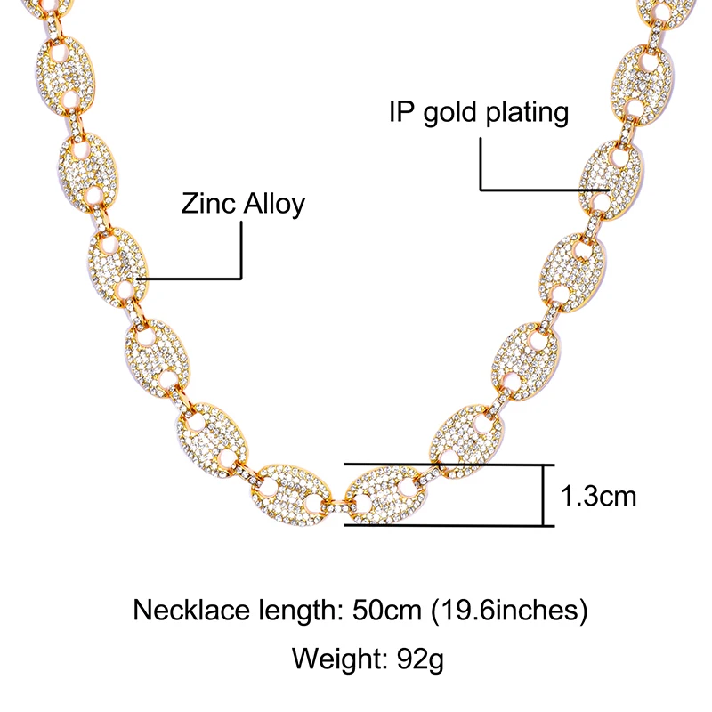 CZ Gold Coffee Iced Out Alloy Bean Pig Nose Rhinestone Necklace Charm Link Chain Bling Necklaces for Men HIP HOP Jewelry | Украшения и