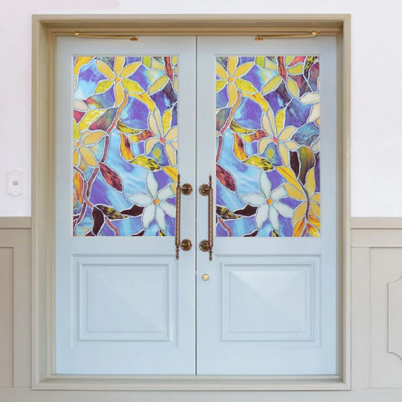 

Stained Glass Window Film Stickers Privacy Static Glueless Cling Decorative Orchid Pattern Opaque Window Covering Blackout Film