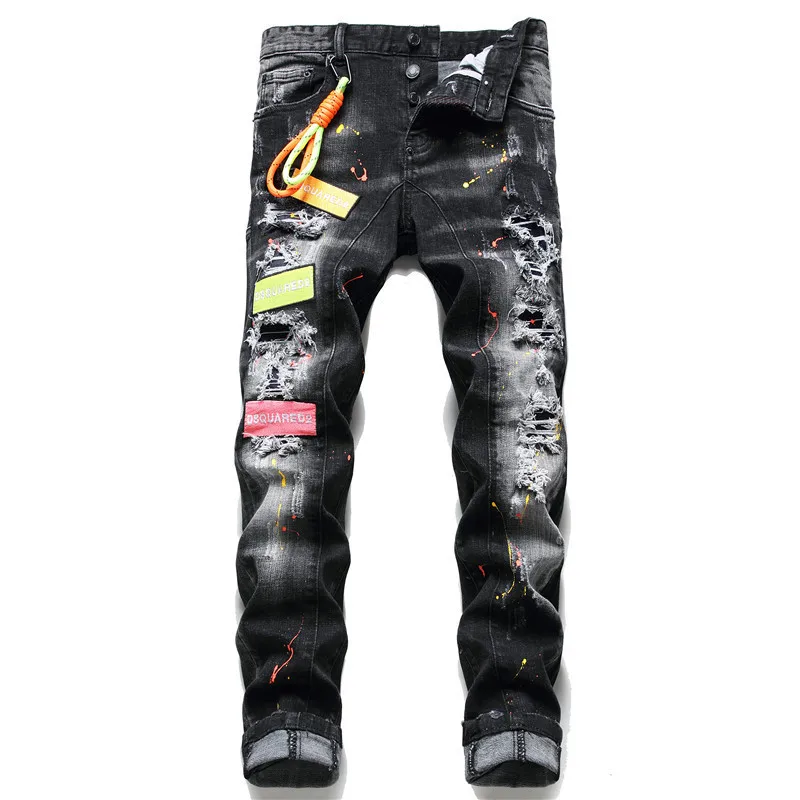 

Мужские брендовые дизайнерские рваные джинсы KIMSERE с нашивками, модные рваные джинсовые брюки с потертостями в стиле Хай-стрит