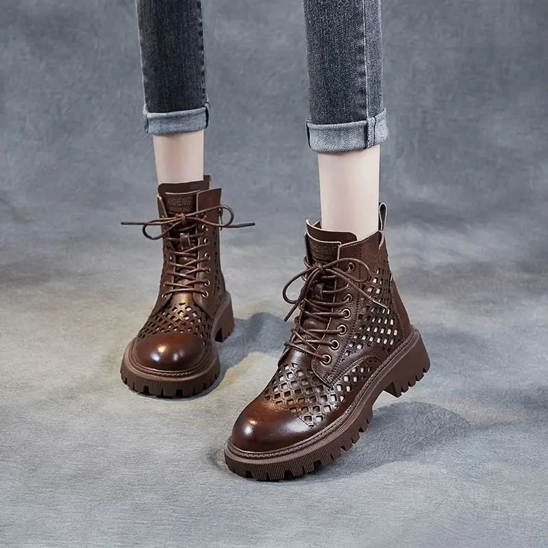 

Spring The New Hollow Out PU Female Bare Boots Fashion Black Thick Bottom Women's Boots Lace All-match Mid Boots Boots