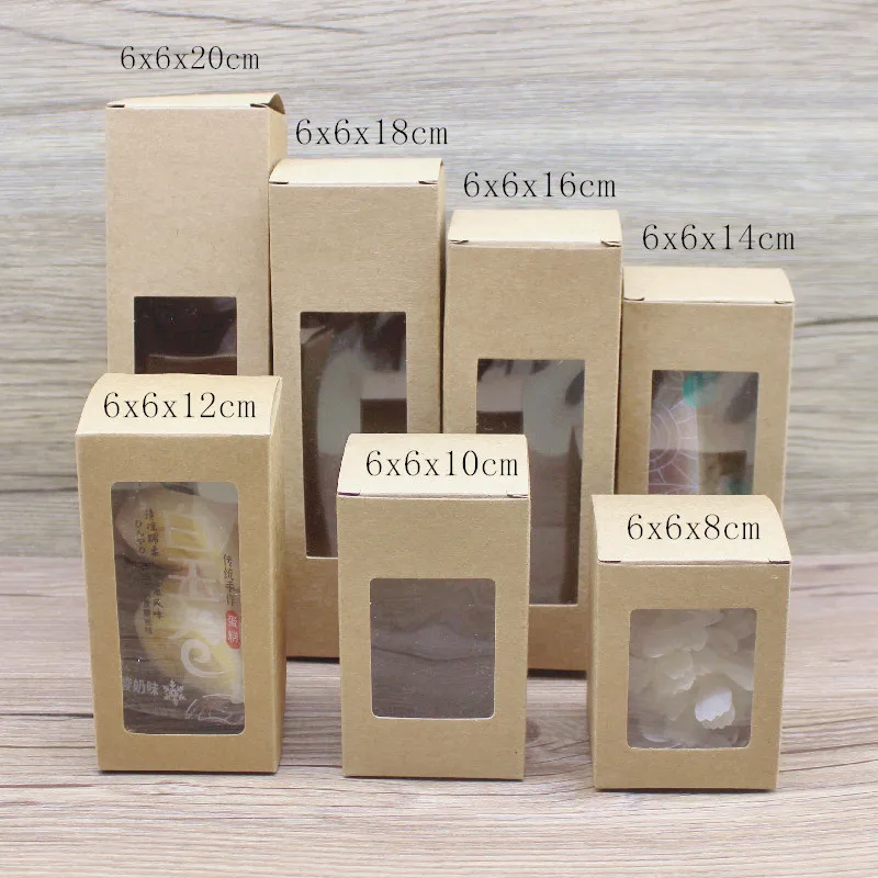 Caja de papel Kraft con ventana de Pvc para embalaje de juguetes, jabones, galletas, regalo, bricolaje, tama&ntilde;o m&uacute;ltiple de 50 piezas-1