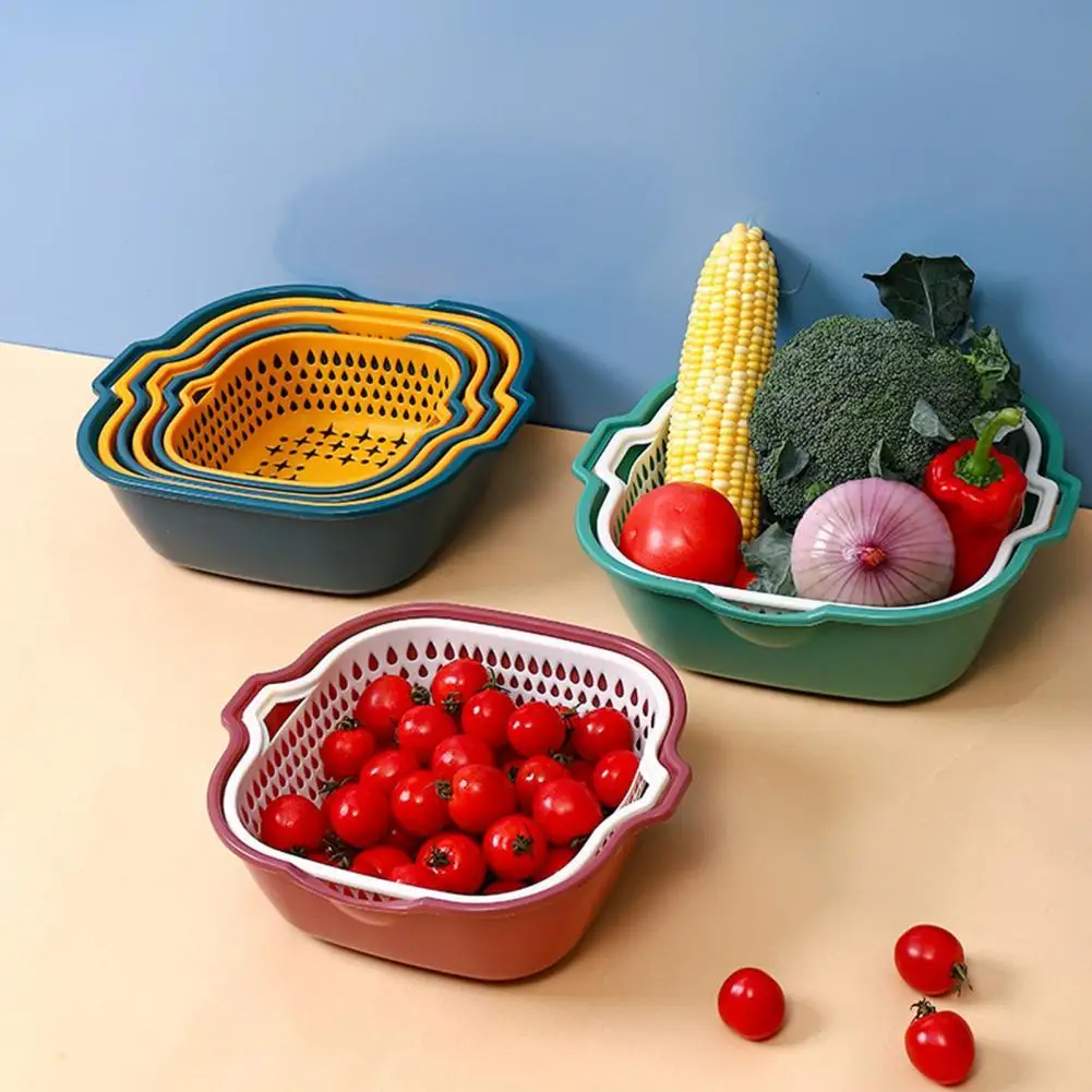 

1 Set Double-layer Drain Basket with Diversion Mouth Large Capacity PP Vegetable Cleaning Washing Strainer Kitchen Tools