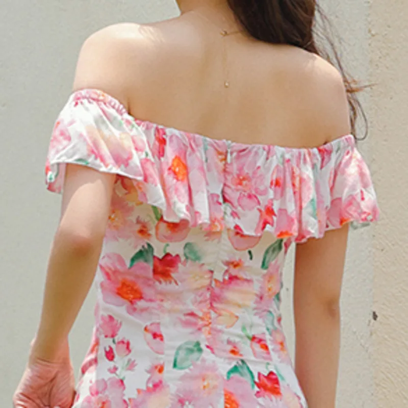 

Fashion Summer Dress Women Ruffles Off Shoulder Slash Neck Slim Floral Printed Vestidos Mujer Holiday Party Clothes Vintage Robe
