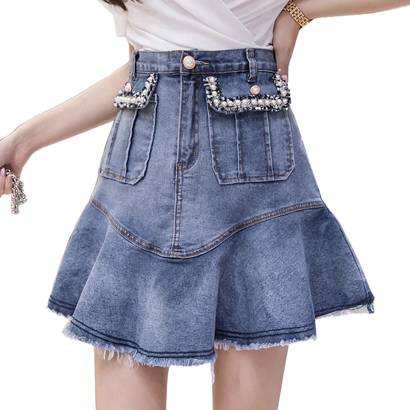 

2021 spring Summer Jeans Skirts Women High Waist Beading Ruffles Denim Skirts Plus Size Mini Skirt jupe femme faldas