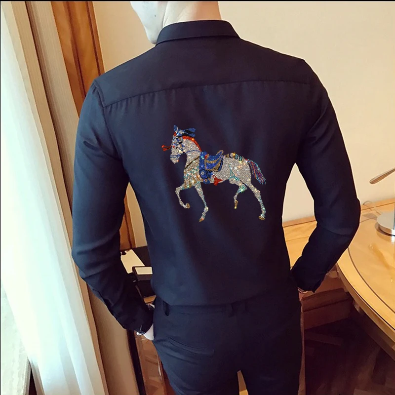 Hot Diamond Bee Men's T-Shirt Button Long Sleeve Delicate White Lapel Design Homme Blouse Spring Black Slim Casual Top