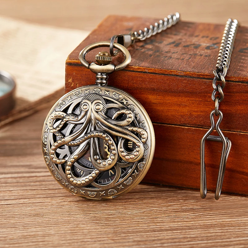 Fashion Gold Octopus Mechanical Pocket Watch Hollow Half Hunter  Steampunk Pocket Watches with Chain for Men Women
