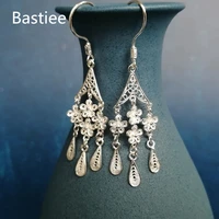 bastiee 999 sterling silver flower earrings women jewelry luxury handmade tassel earing hmong people vintage ethnic tassels