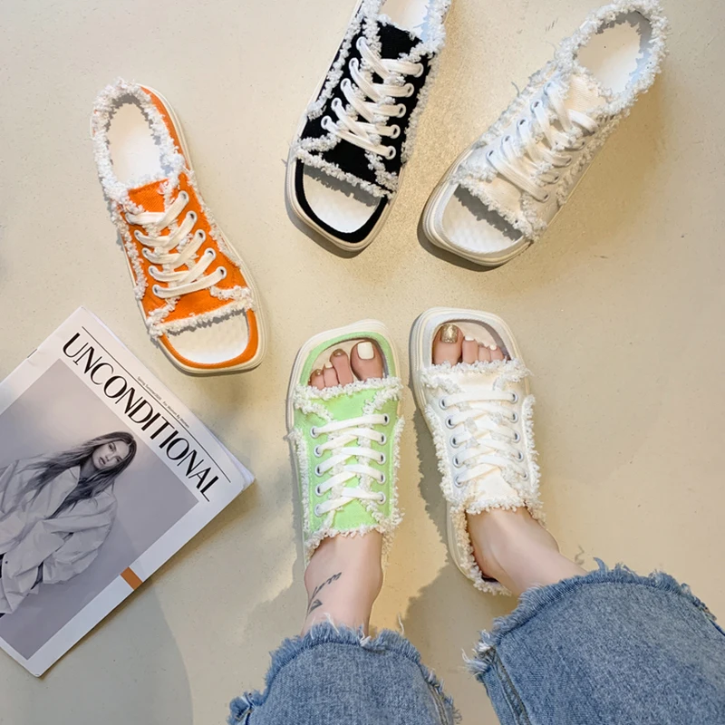 

Slippers Women Summer Med Slides Flat Shoes Female Pantofle Cover Toe 2021 Square Rubber Fabric Cross-tied Canvas Cotton