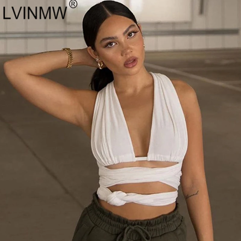 LVINMW сексуальный укороченный топ с глубоким вырезом и v-образным без рукавов