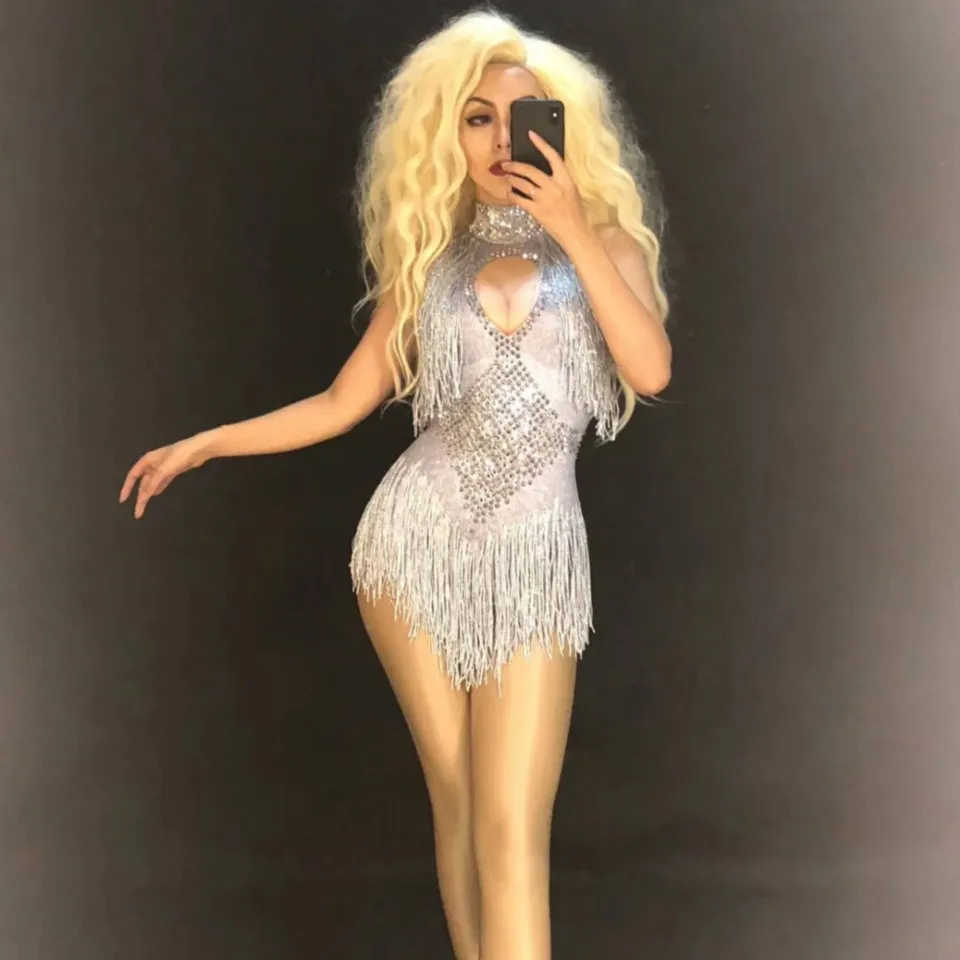 Сексуальный купальник со стразами и серебристыми кисточками боди для женщин