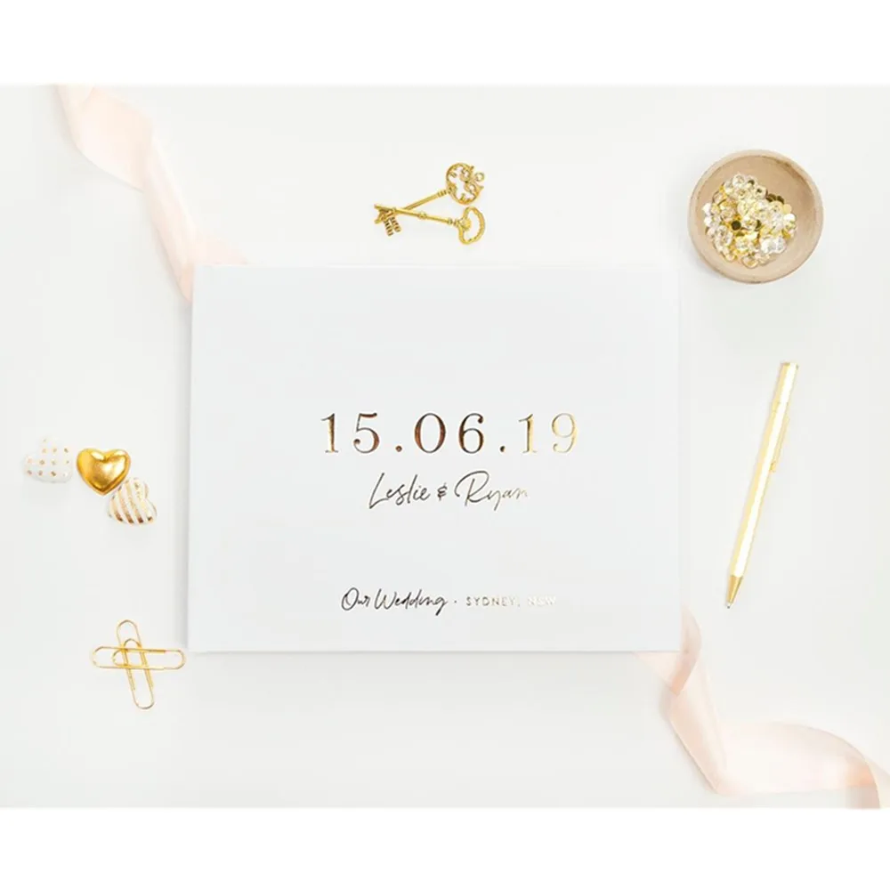 

Personalized Wedding Guest Book,names and date Guestbook Ideas, Modern Keepsake Book HorizontalGold Foil Baby shower Custom