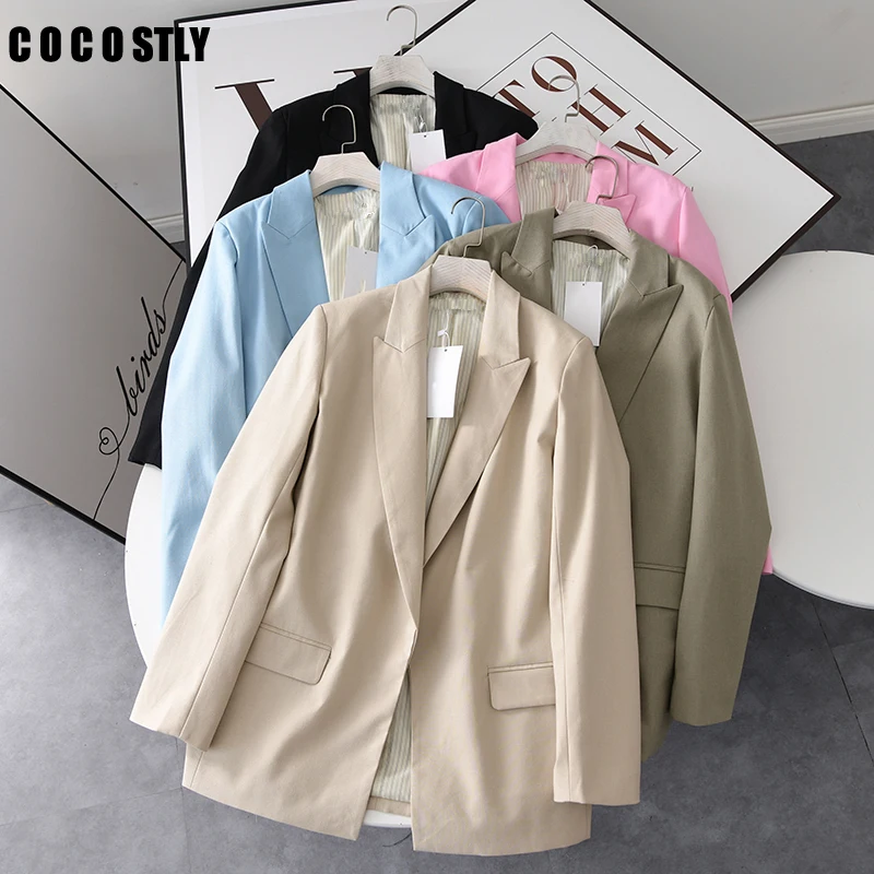 

Blue Long Sleeve Woman Blazer 2022 Elegant Pronounced Shoulders Office Lady Blazers Coat Female Chic Flap Pockets Outerwear