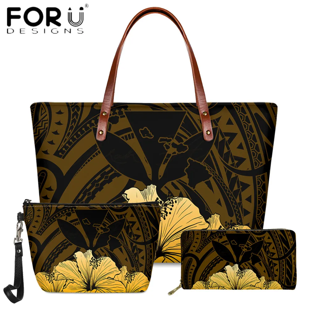 

FORUDESIGNS Fashion Trend 3pcs Set Women Casual Handbag And Wallets Vintage Ladies Hawaiian Hibiscus Flower Print Lady Totes Sac