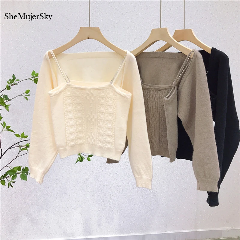 

SheMujerSky, женский короткий топ с длинным рукавом, с бисером, блузки, однотонные вязаные эластичные облегающие рубашки, подходящий комплект