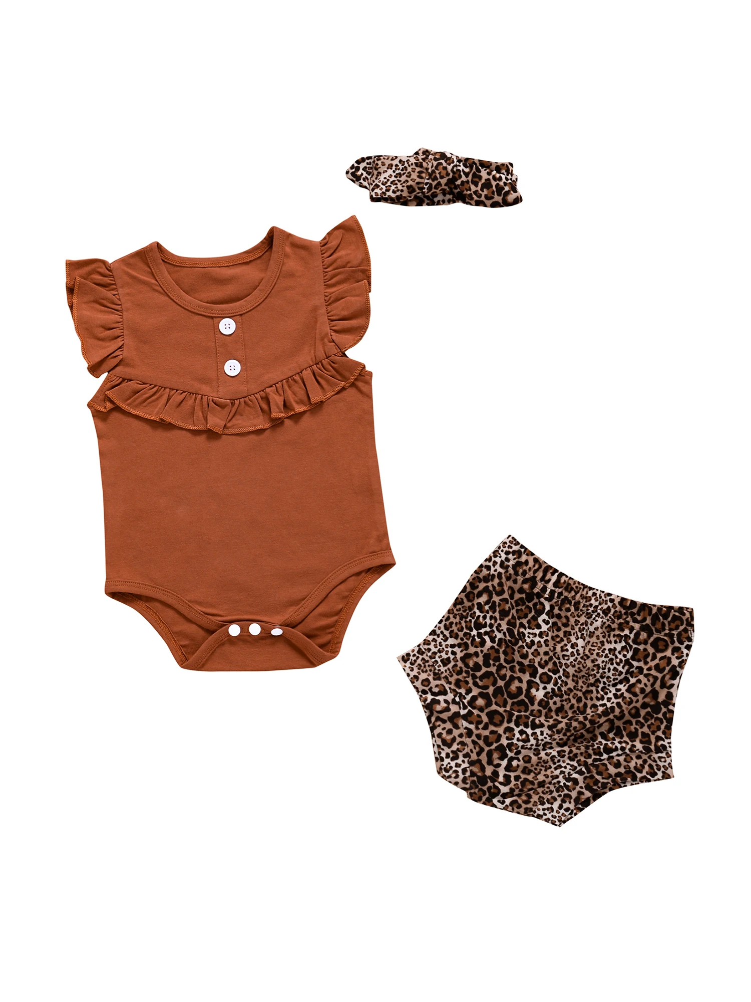 

Комплект одежды для новорожденных 0-24 мес., комбинезон с летящими рукавами и шорты с леопардовым принтом, головной убор, костюм-тройка, летня...