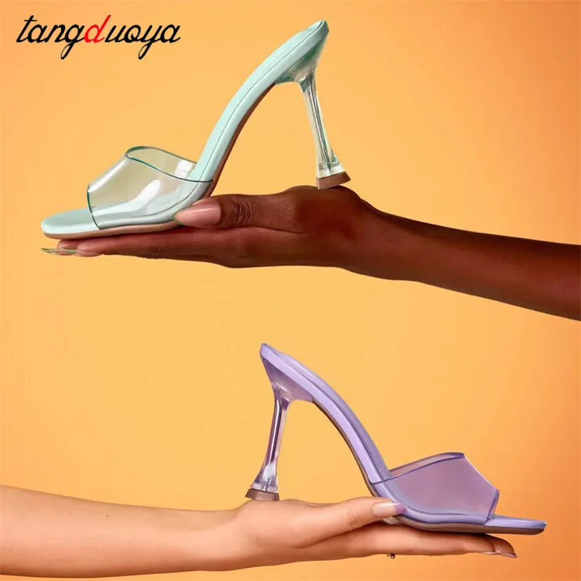

Fashion Summer Sandals PVC Crystal Open Toed High Heels Women Transparent Heel Sandals Slippers Pumps Big Size 43 pink purple
