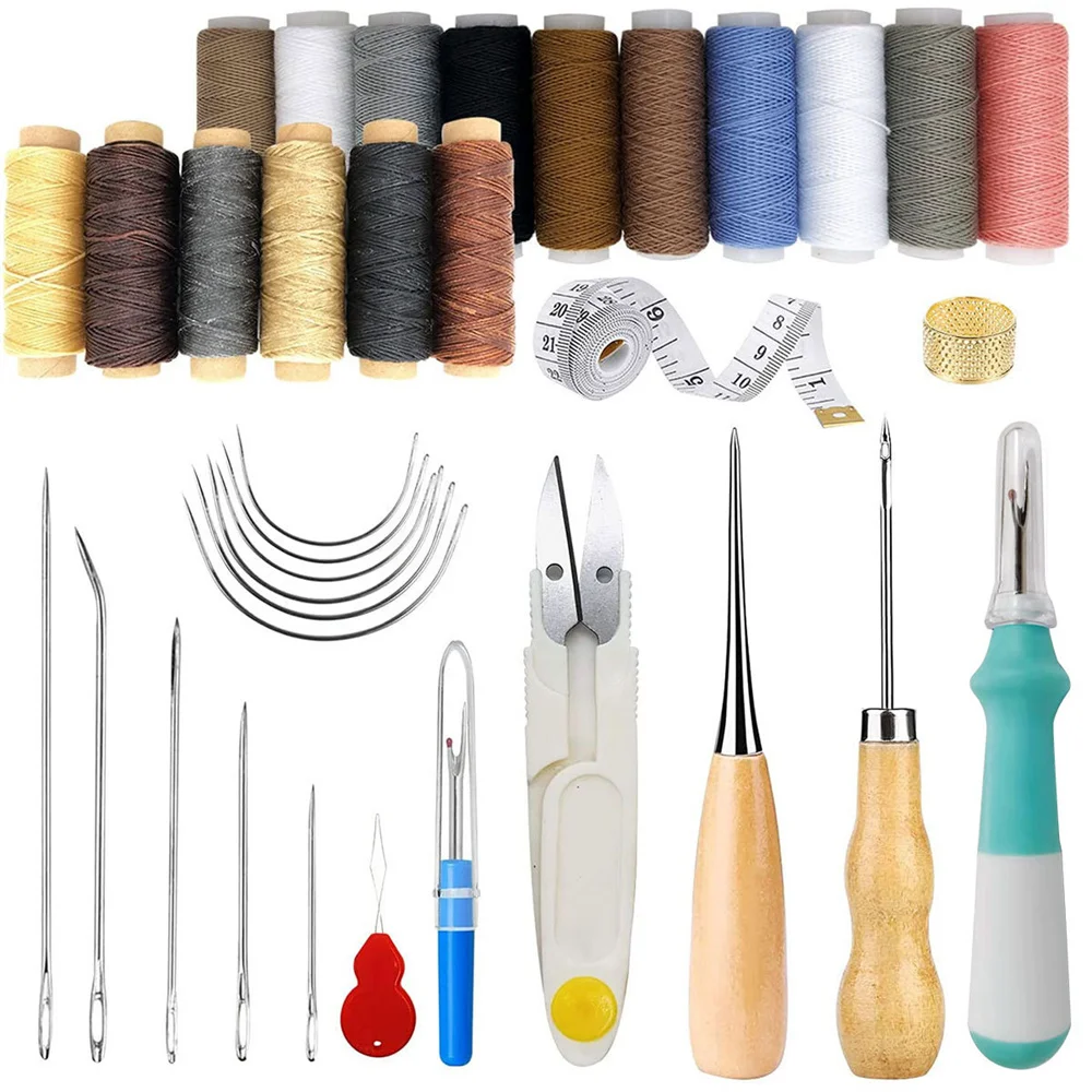 

34Pcs Leather Hand Sewing Kit with Waxed Thread Leather Needle Sewing Awl Thimble Leather Working Tools DIY Leather Craft