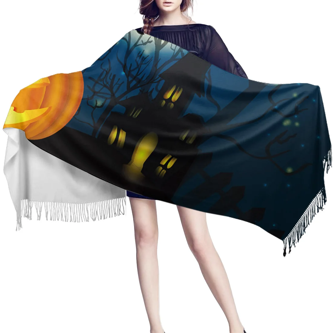 Женский кашемировый шарф легкий мягкий с изображением тыквы на Хэллоуин| |