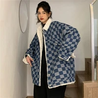 fall 2022 women plaid fleece denim coat lambhair loose and heavy cotton jacket jean jacket with cotton collar jacket jeans women