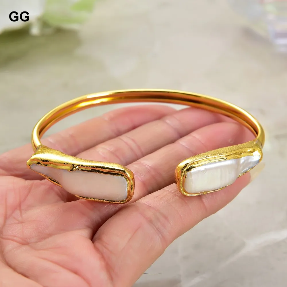 GG Jewelry Cultured White Biwa Rectangle Pearl Golden Plated Bangle Bracelet | Украшения и аксессуары
