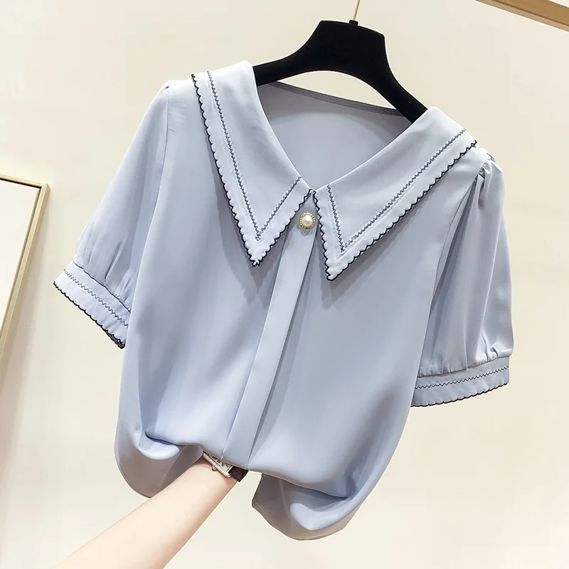 

#4718 Summer Chiffon Blouse Short Sleeve Loose Casual Ladies Tops And Blouses Peter Pan Collar Basic Blouse Femme Korean Fashion