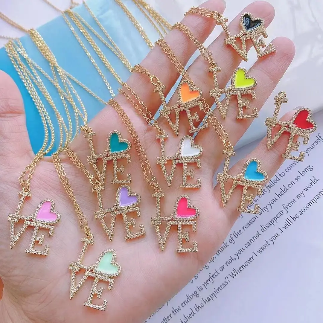 

5PCS, 2021 New Enamel Love Heart Pendant Necklace Gold Color Jewelry Chain Chocker For Women Girls Birthday Wedding Party Gift