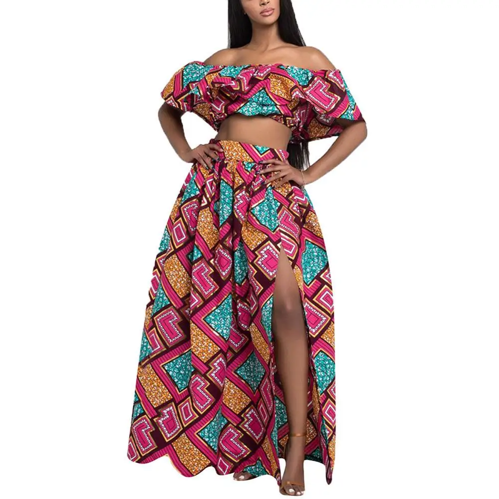 SUNGIFT Dashiki/Вечерние платья с открытыми плечами, разноцветное платье с принтом, африканская одежда для женщин, 2 предмета, 1 комплект, вечернее платье - Цвет: M01