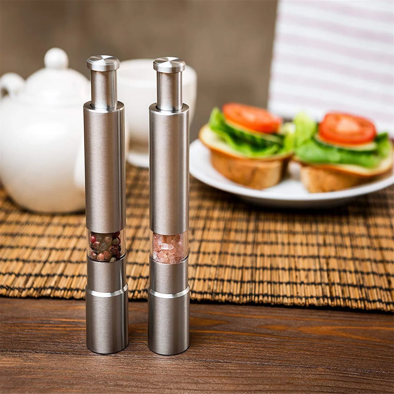 Manual Salt and Pepper Grinder Set Thumb Push Mill Stainless Steel Spice Sauce Grinders With Metal Holder Kitchen Tool | Дом и сад