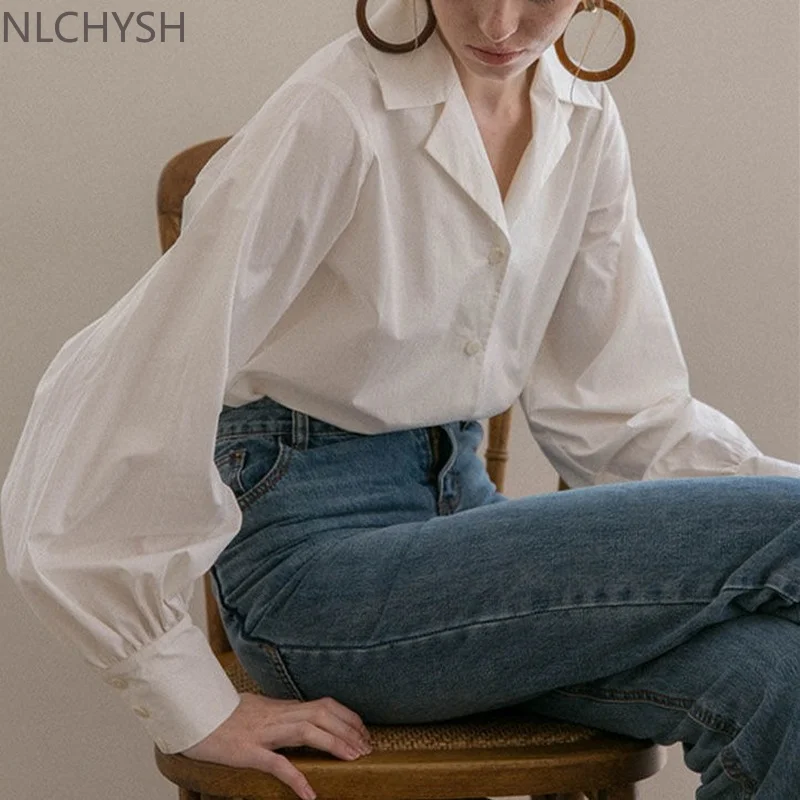 

Cotton White Blouse Women Lantern Sleeves Vintage Shirts Button Up Long Sleeve Top Spring 2021 Fashion Office Ladies Chic