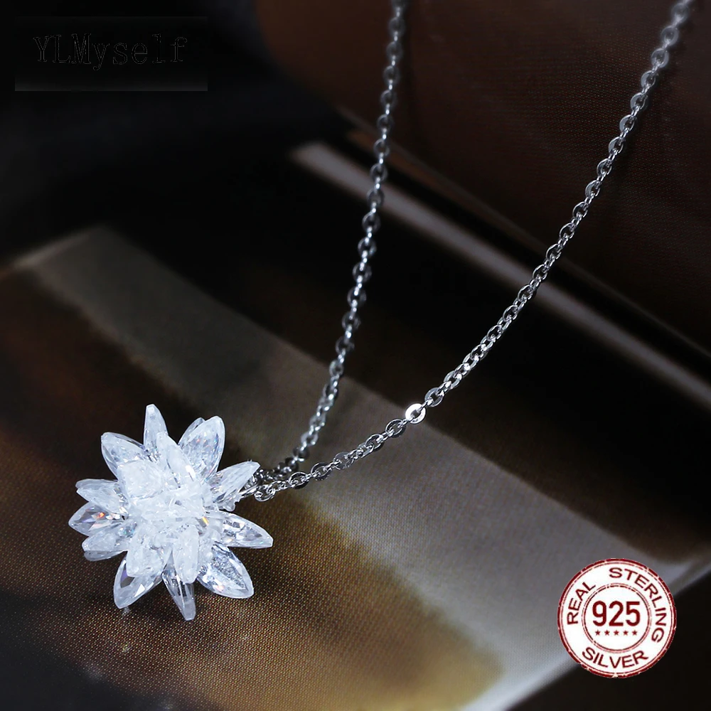 

Real 925 Sterling Silver Necklace Snowflake crystal White Shiny Fine Jewelry Pretty Silver necklace