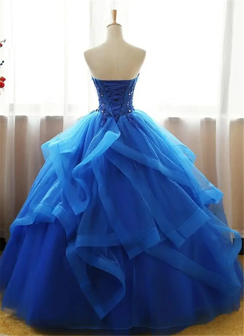 

Luxury Lace-up Plus Size Strapless Beaded Blue Real Picture Ball Wedding Gowns