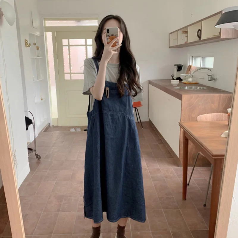 

Summer Women Skirt Suit Grey T-shirt + Denim Skirt with Straps Two Piece Set 2020 Leisure Wear Women Suits Show Thin Dress Top