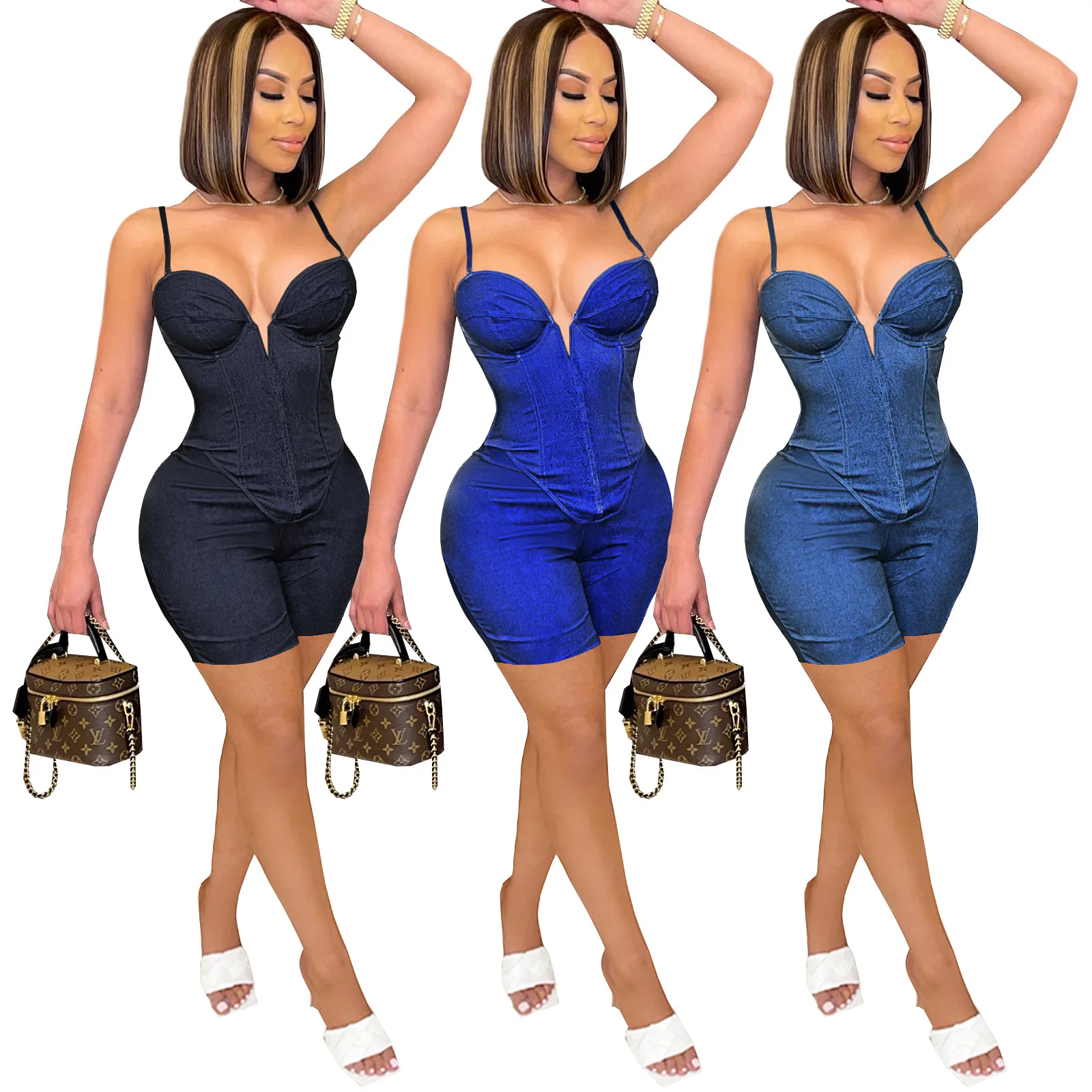 

Fake Denim Women 2 Piece Set Solid Spaghetti Straps Deep V Neck Top + Skinny Biker Shorts Matching Set Sexy Night Club Outfits