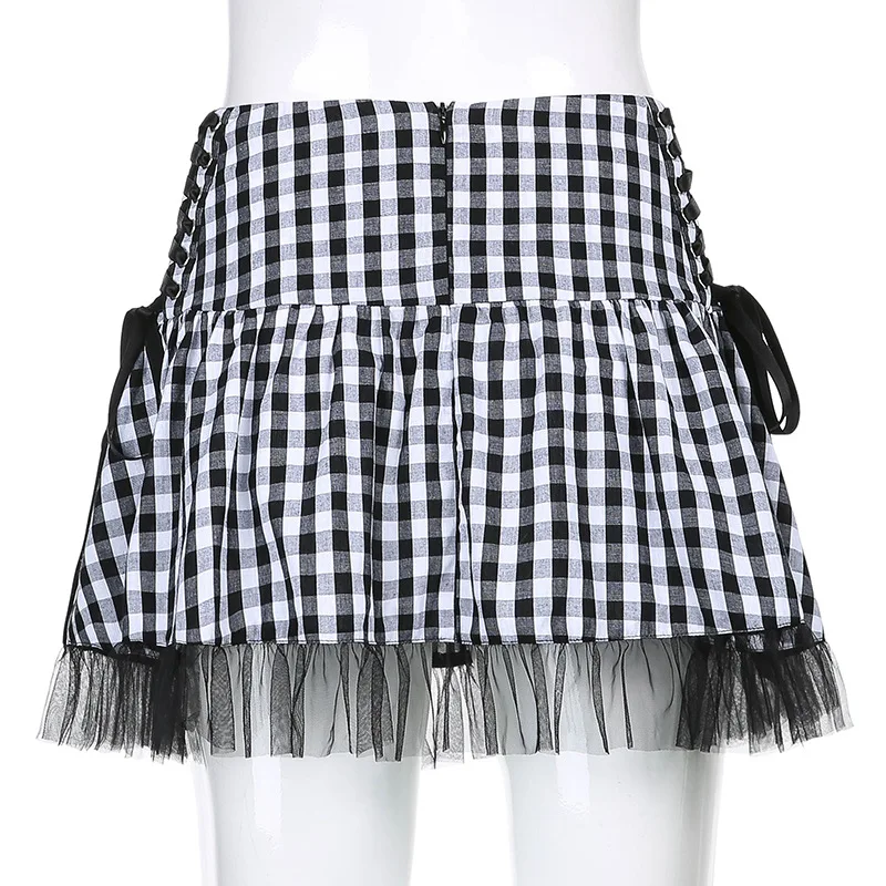 

2021Spring Summer Lace Up High Waisted Mesh Ruffles Goth Lolita Black And White Plaid Pleated Skirt Hot Sexy Skirts Womens Mini