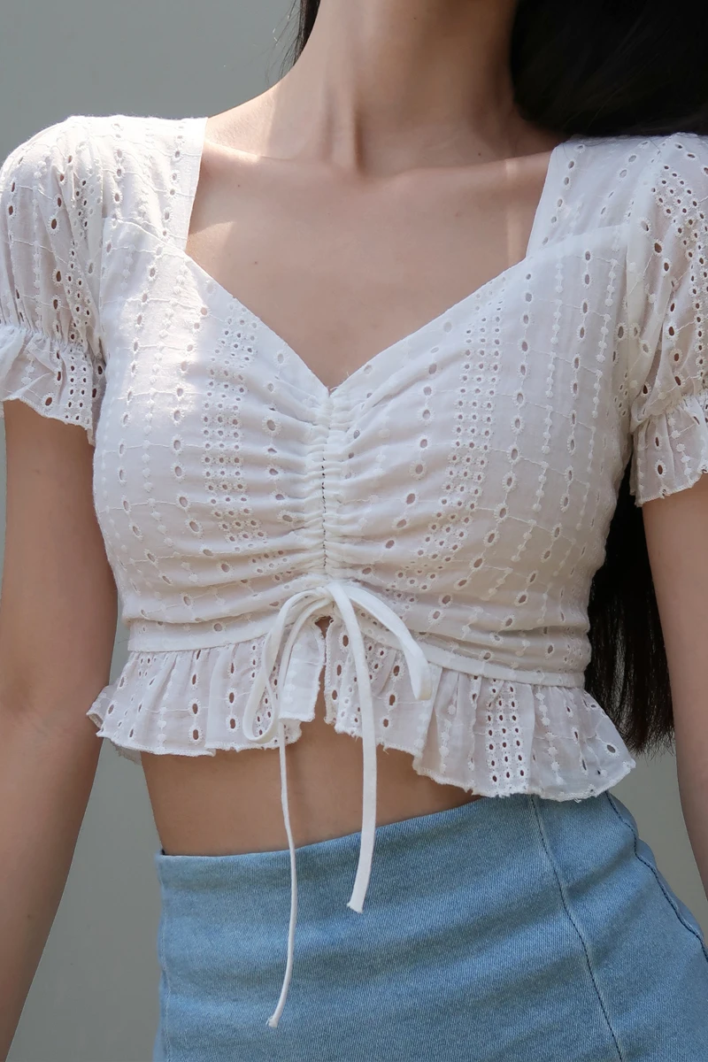 

French Retro Palace Short High-waist Navel-bearing V-neck Lace Short-sleeved Blouse Women's Hollow Sexy Small Shirt