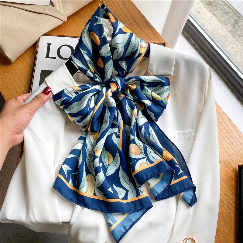 

2022 Elegant Silk Neck Scarf Women Fashion Flower Print Wide Hairbands Spring New Foulard Lady Long Neckerchief Bandana Bufanda