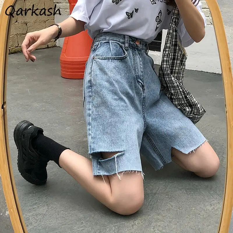 

Shorts Women Straight Leg Denim Popular Students Design Trousers Ladies Summer Asymmetrical Holes Tassel Buttons Harajuku Blue