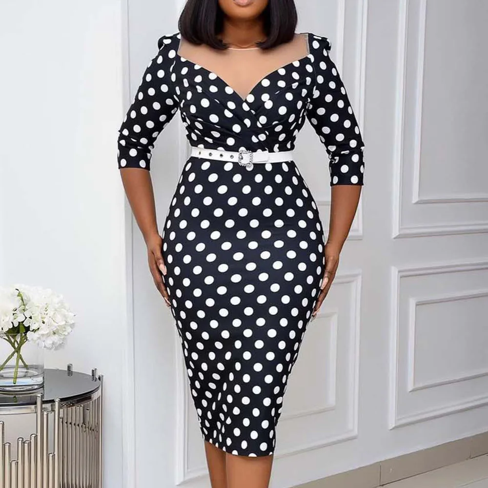 

2021 весеннее офисное платье для женщин, модное Африканское женское облегающее винтажное платье в горошек, черное платье-карандаш Vestidos разме...