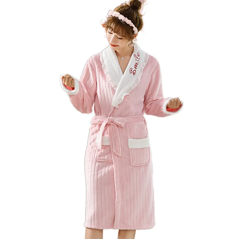 

Pyjamas Autumn Winter New Plush Solid-color Nightgown Long Ladies Warm House Bath Robe For Women Pajama