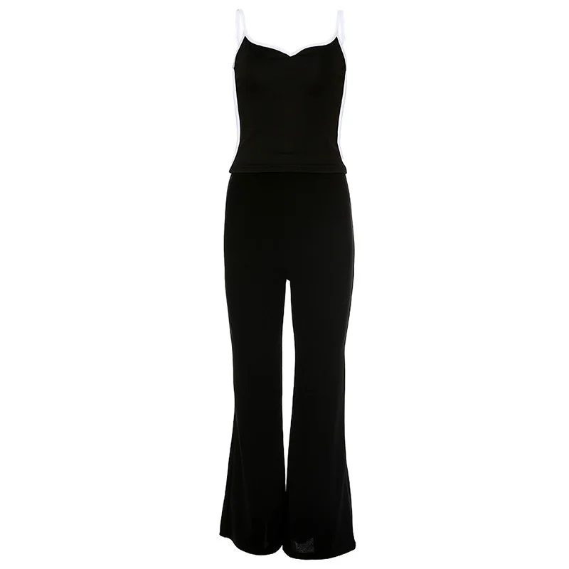 

Autumn New Color Contrast Suspender One Line Collar Slim Top High Waist Trumpet Trousers Suit