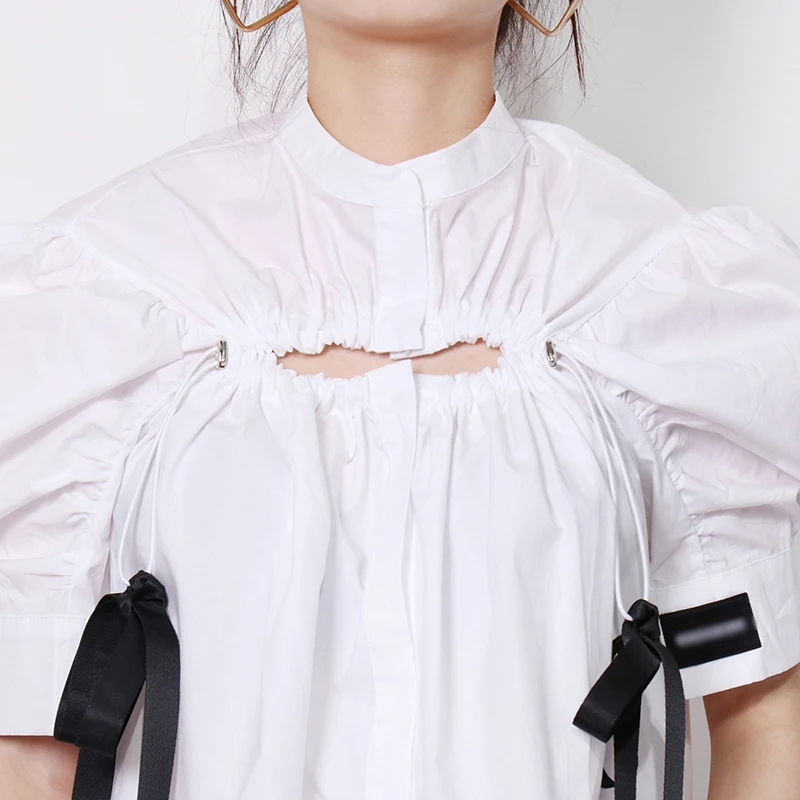 

TWOTWINSTYLE Bowknot Patchwork Casual Shirt For Women Stand Collar Puff Sleeve Hollow Out Loose Blouse Female Fashion New Summer