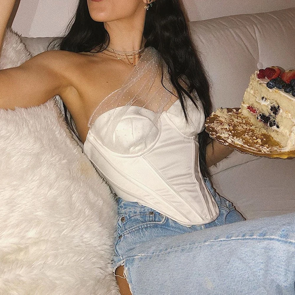 JillPeri корсет на одно плечо сетка цвета слоновой кости Лоскутная структура чашек