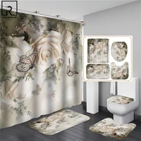 Elegant Butterfly Flower Rose Print Shower Curtain Woman Bathroom Decoration Blue Pink Bath Mat Set Toilet Lid Cover Supplies