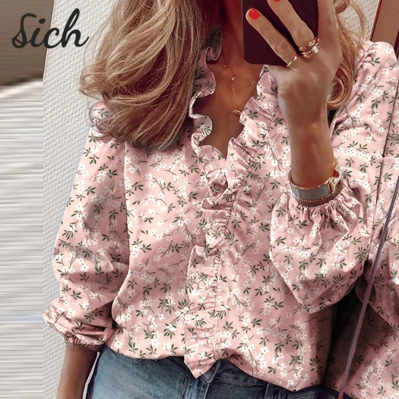 

Star Print Ruffle Shirts Office Lady Summer Harajuku Women Elegant Top Long Sleeve Women Slim Tshirt Fashion V-Neck Pullover 3XL