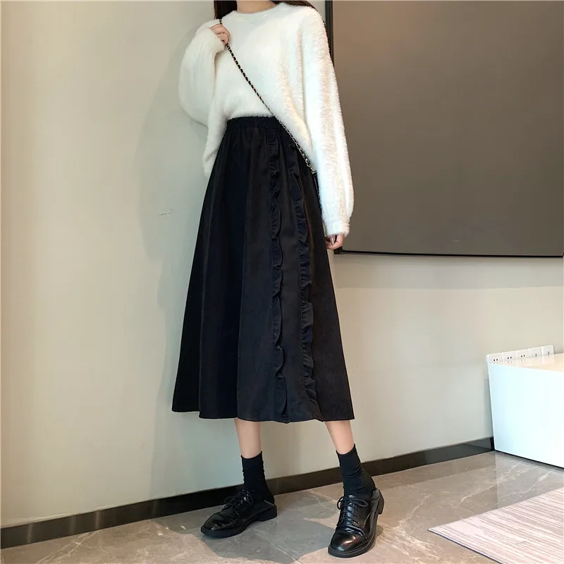 

POUNGDUDU 2021 Warm Women Skirts For Girls Long Skirt Corduroy Fungus Female Vintage Y2k Student Elegant High Waist Elastic